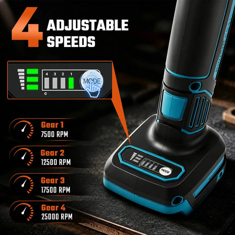 Heavy Duty Cordless Die Grinder With Two 21V Batteries Badass Powerhouse For Metal Grinding Wood Carving Variable Speed control panel showing 4 adjustable speeds