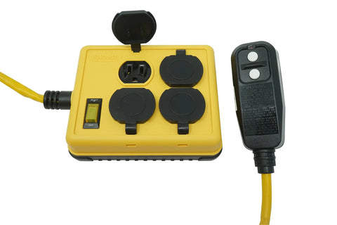 GFCI Quad Box With Right Angle Duplex For Outdoor Worksite Gear 125V 15A 14 3 SJTW Yellow Inline Power For Tools And Workshops Glowing Plug Cord Indicator Light