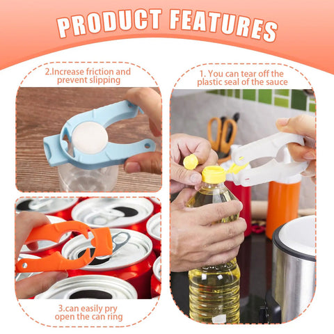 Six Pack Plastic Bottle Cap Opener Set 3 In 1 Gripper Tool for Arthritic Hands shown in use on bottles and cans