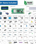 Raspberry Pi Pico W Dope IoT Starter Kit With 450 Plus Components, 117 Projects, Hands On Online Tutorials, MicroPython And C Plus Plus, Arduino IDE Compatible For Beginners shown with items like microcontroller, sensors, LEDs, and breadboard.