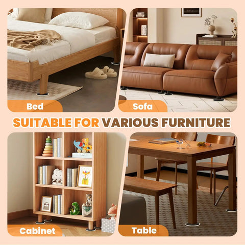 Heavy Duty Carpet Furniture Sliders Set Eight Pack For Easy Glide No Sweat One Person Move Chair Leg Floor Protectors Sofa Couch Movers Pads Reusable Moving Sliders For Beds Cabinets And Pianos Protect Floors On Any Surface shown under bed, sofa, cabinet, and table.