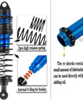 Total Game Changer Chassis Upgrade For 1/10 Slash Rustler Stampede 4x4 RC Rigs, blue aluminum shock with high tension springs.