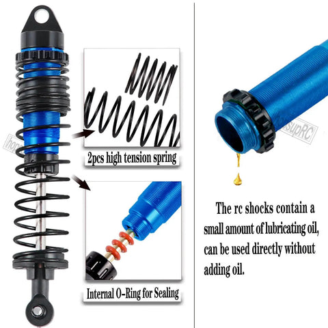 Total Game Changer Chassis Upgrade For 1/10 Slash Rustler Stampede 4x4 RC Rigs, blue aluminum shock with high tension springs.