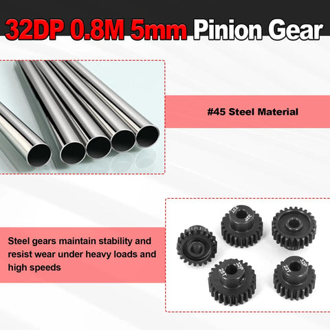 Five #45 steel pinion gears for Beefy Pinion Gear Set For One Eighth And One Tenth RC SCT Buggy Monster Trucks 32P 0.8 Mod 5mm Shaft