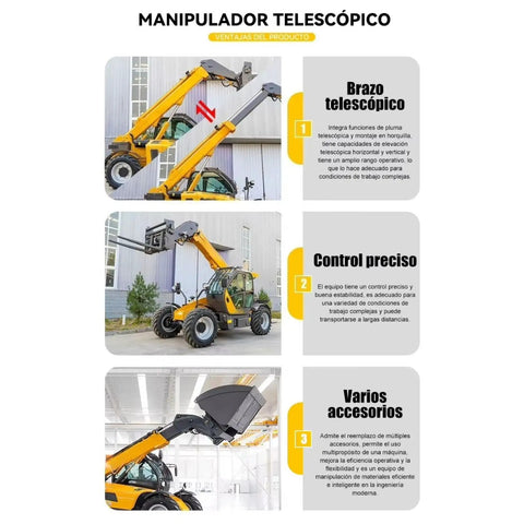 Heavy Duty Telescopic Handler Forklift Featuring Nineteen Meter Intelligent Boom Extension And Integrated Load Moment Indicator with different attachments in use.