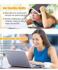 Image showing a woman working on a laptop with notes on the benefits of full-spectrum LED bulbs. Natural Sunlight LED Bulbs 6000K Full Spectrum A19 9W 60W Equivalent E26 E27 Pack Of 3 For Home Use Bright, Real Daylight Vibe And UV Free Lighting For You.