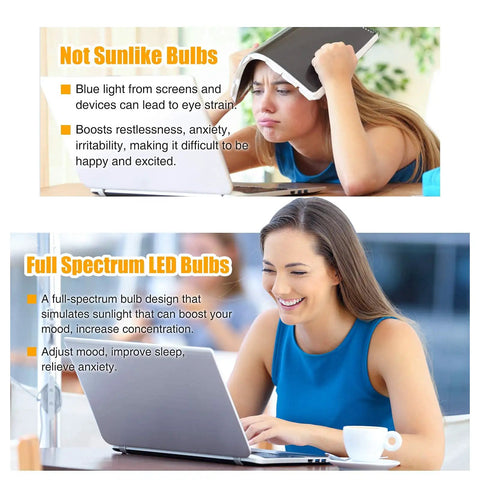 Image showing a woman working on a laptop with notes on the benefits of full-spectrum LED bulbs. Natural Sunlight LED Bulbs 6000K Full Spectrum A19 9W 60W Equivalent E26 E27 Pack Of 3 For Home Use Bright, Real Daylight Vibe And UV Free Lighting For You.