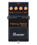 Front view of Waza Craft HM-2W Heavy Metal Guitar Pedal with control knobs and input-output labels visible.