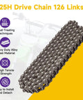 Heavy Duty 132 Link 25H Drive Chain For Razor MX Series Dirt Bikes And Mini Motocross Rigs showing steel links