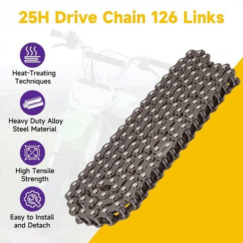 Heavy Duty 132 Link 25H Drive Chain For Razor MX Series Dirt Bikes And Mini Motocross Rigs showing steel links