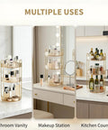 360 Smooth Spin 3 Tier Makeup Organizer For Bathroom Counter Or Vanity Styling Large Capacity Lazy Susan Rack, shown in multiple uses.