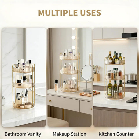 360 Smooth Spin 3 Tier Makeup Organizer For Bathroom Counter Or Vanity Styling Large Capacity Lazy Susan Rack, shown in multiple uses.