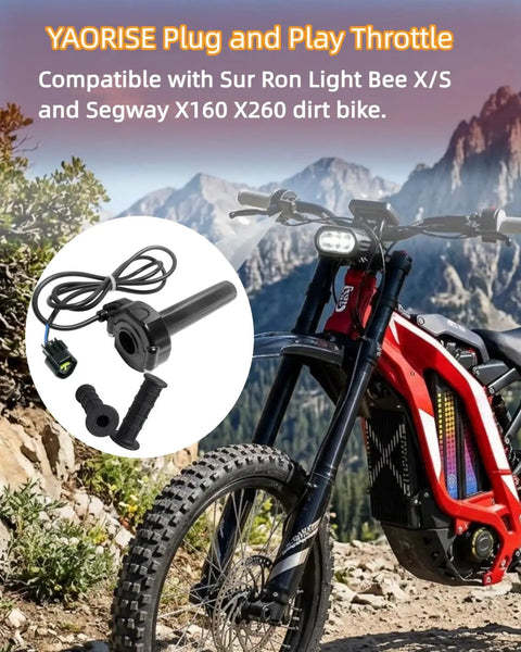 Full Twist Throttle Upgrade For Surron Electric Dirt Bike Waterproof E Bike Throttle Grips Kit shown with bike in mountains.