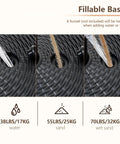 Filling options for Beefy 70 Lb Weight Heavy Duty Water Fillable Umbrella Base Stand shown with water, sand, and wet sand.