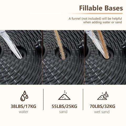 Filling options for Beefy 70 Lb Weight Heavy Duty Water Fillable Umbrella Base Stand shown with water, sand, and wet sand.