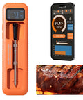 Wireless Meat Thermometer With Bluetooth App Control For Smoker Oven And Kitchen, probe in orange case, app display, steak grill