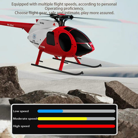 MD500 RC Helicopter Model C189 1/28 Scale 4CH Single Rotor With 6-Axis Gyro, flying over rocky terrain, red and white finish.