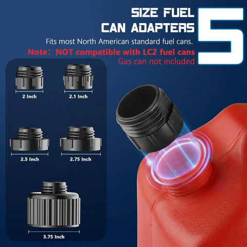 5 fuel can adapters for 5 Gpm Cordless Fuel Transfer Pump With Auto Shut Off And Beep Alert, showing sizes from 2 to 3.75 inches.