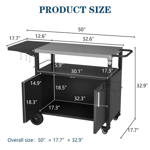 Ultimate Outdoor Grill Cart With Storage And Wheels, Patio Kitchen Island Style BBQ Table dimensions and features shown