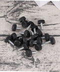 Twenty Adjustable Furniture Leveling Cups With Threaded Socket Design For Quick Install And Slick Glide Motion On Wood Tables Metal Chairs Desks And Bar Stools with black plastic tops and silver screws.