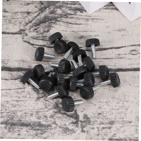 Twenty Adjustable Furniture Leveling Cups With Threaded Socket Design For Quick Install And Slick Glide Motion On Wood Tables Metal Chairs Desks And Bar Stools with black plastic tops and silver screws.