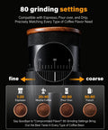 80 grinding settings dial of the Zero Drama All Metal Single Dose Coffee Grinder Featuring A Quiet DC Motor And Eighty Precise Burr Settings.