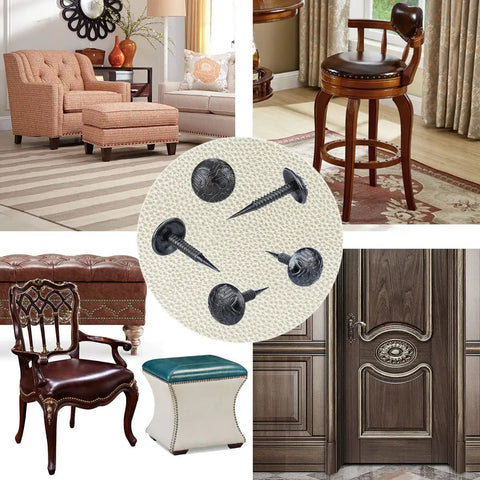 Top Shelf Vintage Flower Upholstery Tacks 200 Pack Small 5/16 Inch Head Nails Featuring Hella Durable Matte Black Gray Finish displayed with furniture.