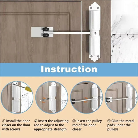 Simple Install Automatic Door Closer with Adjustable Speed Up To 180 Degrees, rust proof white finish, installation instructions