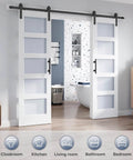 Double 24 By 84 Inch Glass Barn Door Slab With 8 Foot Hardware Kit Included, Five Frosted Glass Panels in modern bedroom