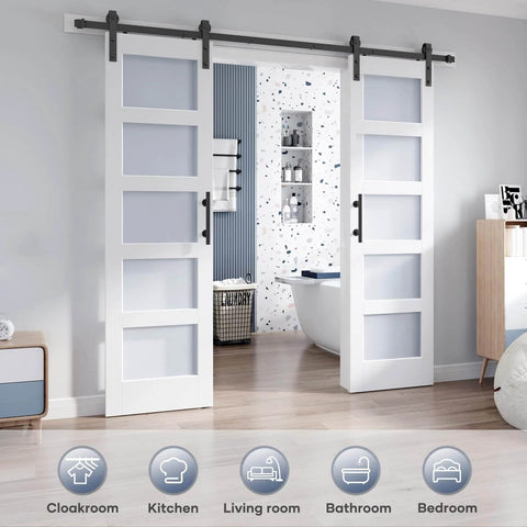 Double 24 By 84 Inch Glass Barn Door Slab With 8 Foot Hardware Kit Included, Five Frosted Glass Panels in modern bedroom