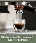 Pro Level Dual Boiler Espresso Machine With Slick Integrated Grinder And Reliable 58mm Portafilter brewing espresso into a glass.