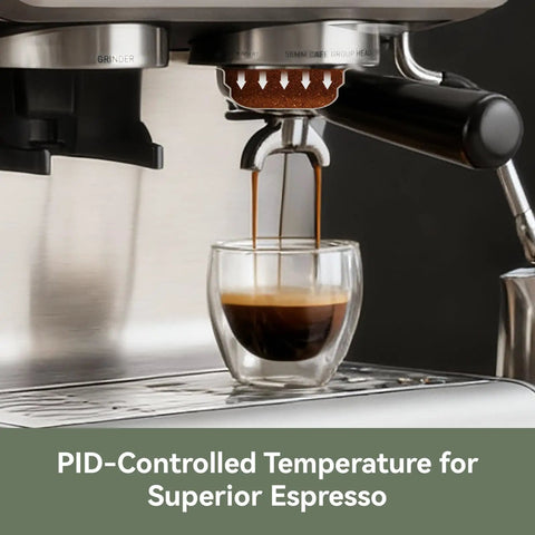 Pro Level Dual Boiler Espresso Machine With Slick Integrated Grinder And Reliable 58mm Portafilter brewing espresso into a glass.