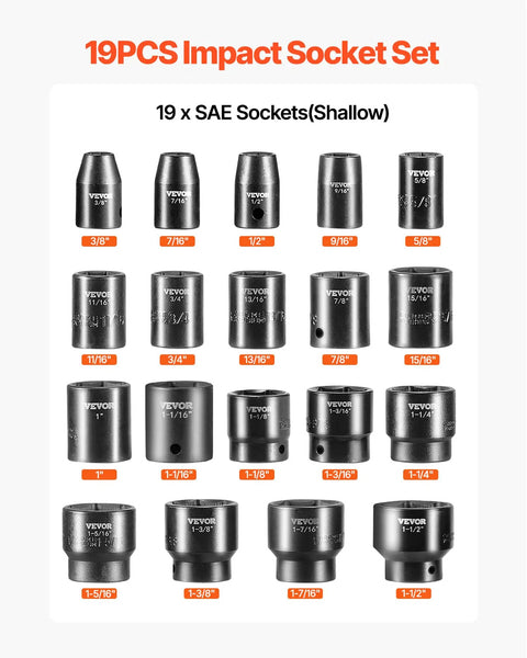 Beefy 1/2 Inch Drive 19 Piece Impact Socket Set With 6 Point Hex Sockets, SAE Range 3/8 To 1-1/2 Inches, Chrome Vanadium Steel