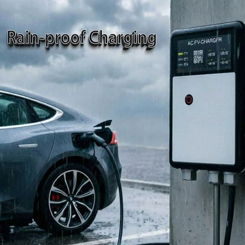 Level 2 EV Charger With J1772 Connector, 32A/7kW, weatherproof, charging a car in the rain with cable attached.