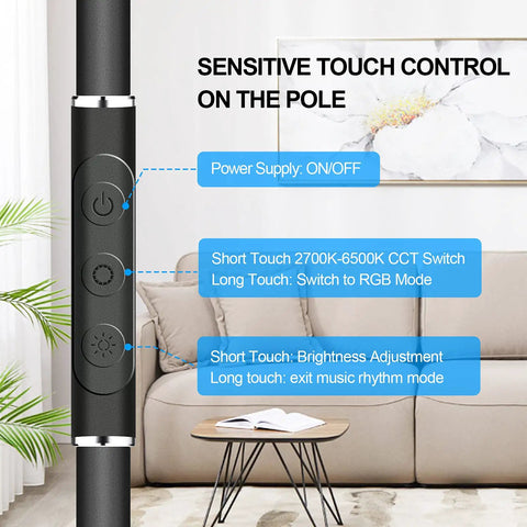 Close-up of touch controls on Floor Lamp For Living Room With Dimmable Stepless Color Temperature RGBW Dope Color Changing Torchiere 2700K-6500K, Up To 2000 Lumens, 180 Degree Rotating Head, Tall Standing Lamp For Reading And Bedroom, 24W.
