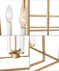 Close-up view of Antique Gold Four-Light Modern Linear Chandelier with Openwork Geometric Frame, featuring E12 bulb design.
