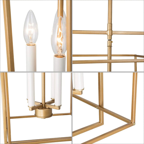 Close-up view of Antique Gold Four-Light Modern Linear Chandelier with Openwork Geometric Frame, featuring E12 bulb design.