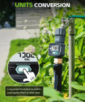 Ultra Accurate Water Flow Meter For RV Garden Hose Pool Lawn Sprinkler And Nozzle Sprayer, Measures Water Consumption And Flow Rate Up To 9999.9 Gallons Or Liters, With About Five Percent Accuracy And Easy Mode Options, mounted on outdoor hose