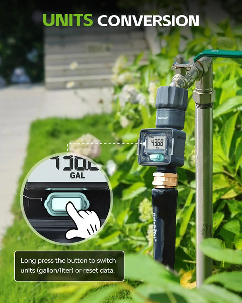 Ultra Accurate Water Flow Meter For RV Garden Hose Pool Lawn Sprinkler And Nozzle Sprayer, Measures Water Consumption And Flow Rate Up To 9999.9 Gallons Or Liters, With About Five Percent Accuracy And Easy Mode Options, mounted on outdoor hose