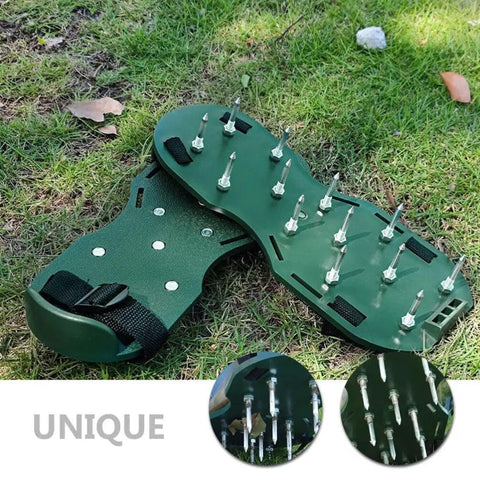 Heavy Duty Lawn Aerator Shoes Kit, 20 metal spikes for quick soil aeration, on grass for healthier lawn care.