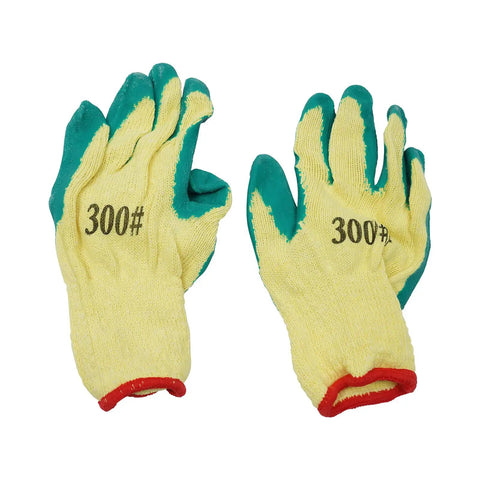 Pair of yellow cotton work gloves with green rubber coating and red cuffs, marked with "300#" on the back.