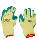Pair of yellow work gloves with green rubber grip and 300# marking, designed for safety and durability.
