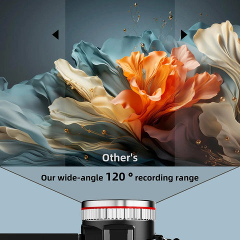 Illustration showing the 4K UHD 60FPS Camcorder With 64MP Dual Lens's 120° wide recording range, highlighting the wide-angle capability.