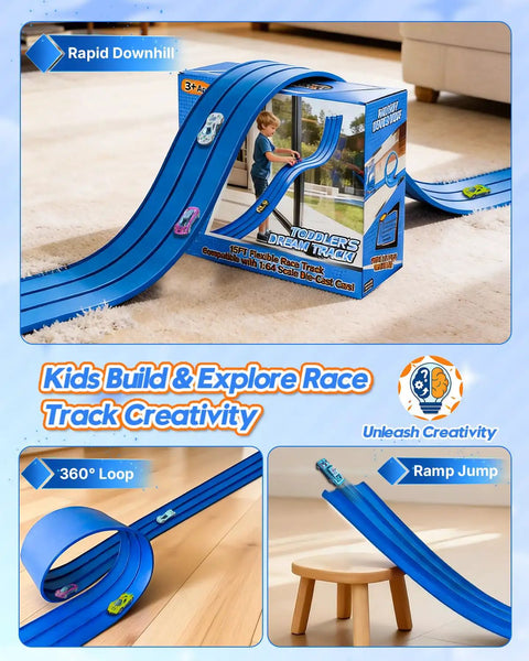Three Lane Flex Track Race Set with 15 ft track, loop, ramp, and die-cast cars displayed on packaging for ages 3 and up.