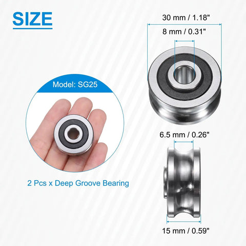 Two Piece Deep Groove Ball Bearing Kit With Double Sealed U Groove Track Design For Linear Guide Rails Featuring 8MM Bore And 30MM Outer Diameter view showing measurements and hand holding bearing.