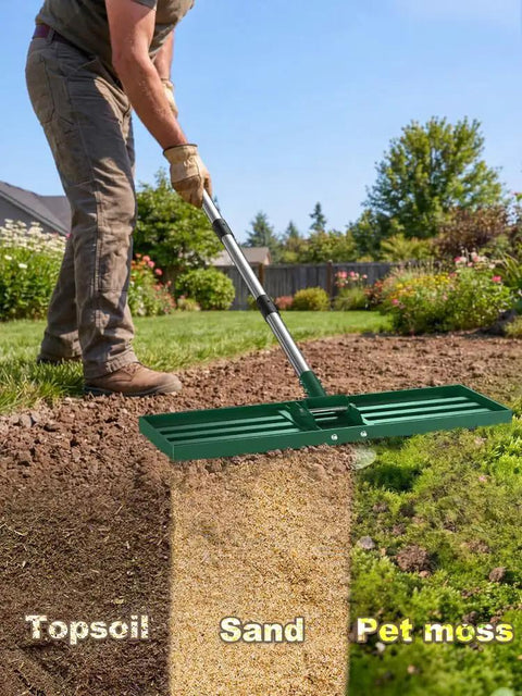 Person using Lawn Leveling Rake 30 By 10 Inch Adjustable Leveler For Yard And Garden Heavy Duty Stainless Steel Handle Easy Dirt And Soil Leveling Tool For Lawn Top Dressing Green on lawn with topsoil, sand, and peat moss.