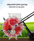 Manual Hand Push Seeder With Wheel For Easy Row Planting, stainless steel duckbill, showing adjustable depth on grass