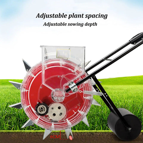 Side view of Manual Hand Push Garden Seeder With Wheel For Easy No Bend Planting Saves Time And Effort Stainless Steel Duckbill Seed Box