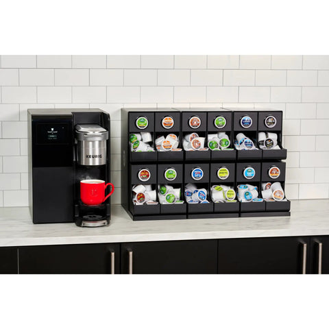 12 Count Modular Merchandiser For Coffee Stations With Slim Space Saving Design, Grab And Go Reach, easy access bin next to Keurig.