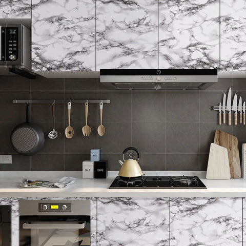 Marble Peel And Stick Wallpaper Glossy Marble Contact Paper For Countertops Kitchen Cabinets And Bathroom Surfaces 24 By 197 Inches In Black White Gray Waterproof And Durable DIY Friendly on kitchen cabinets.